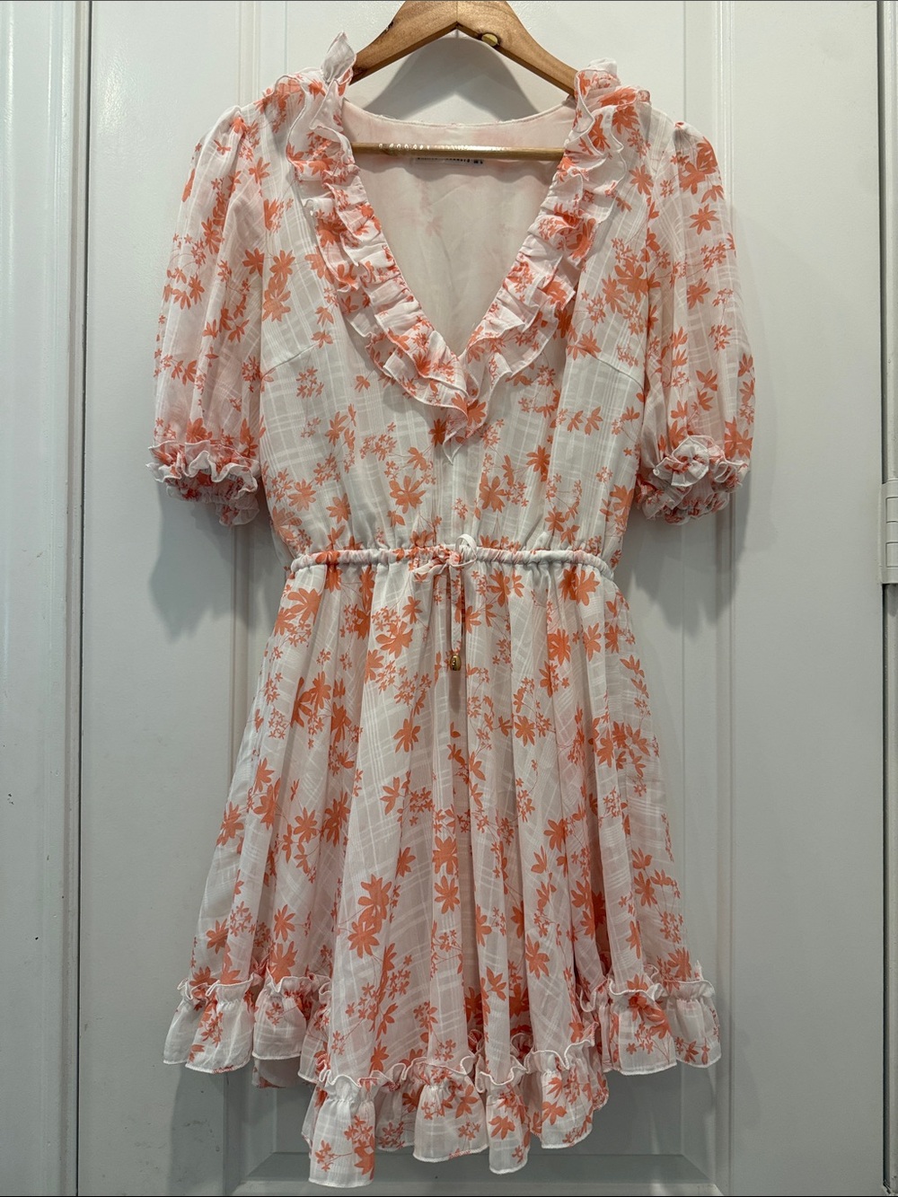 Saints + Secrets Floral Ruffle Mini Dress in Coral and White